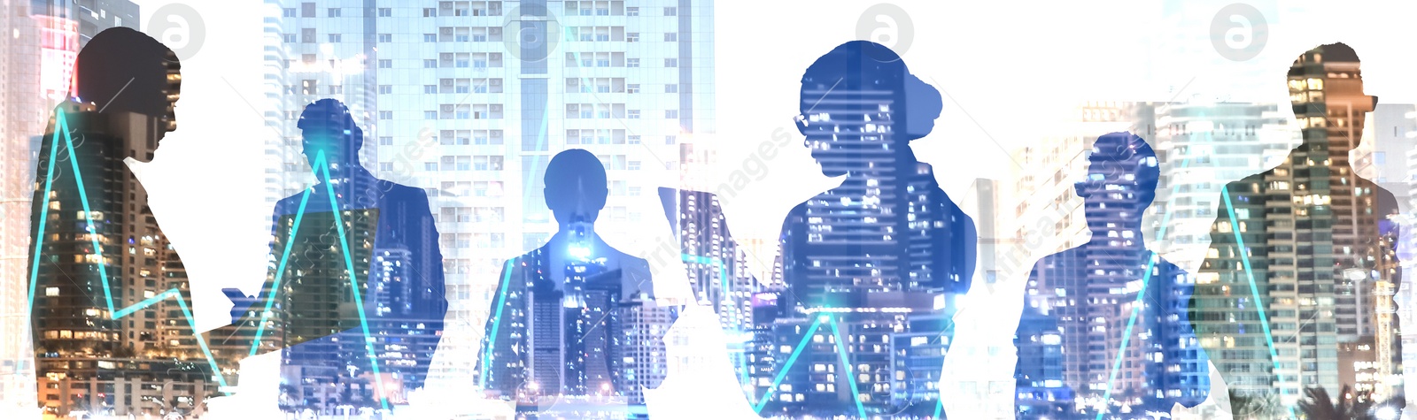 Image of Forex trading. Double exposure of business people and cityscape, banner design