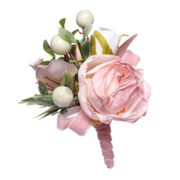 Photo of Beautiful boutonniere with pink rose isolated on white