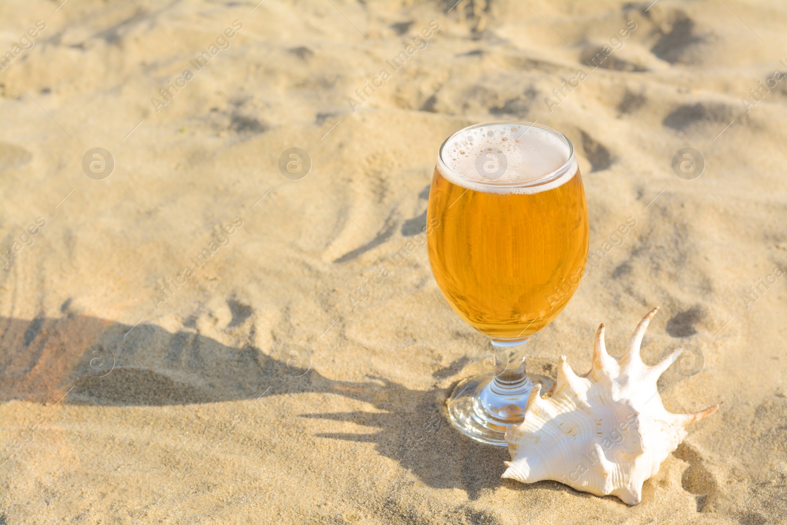 Photo of Glass of cold beer and seashell on sandy beach. Space for text