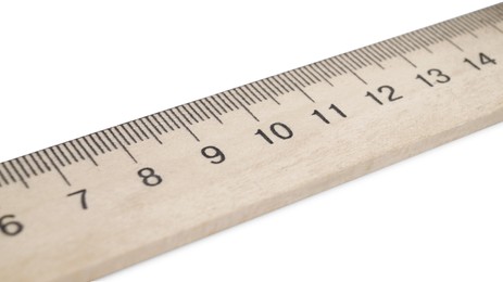 Photo of Wooden ruler with measuring length markings in centimeters isolated on white