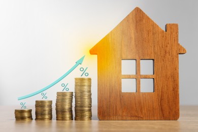 Image of Mortgage rate. Model of house, stacked coins, percent signs and arrow