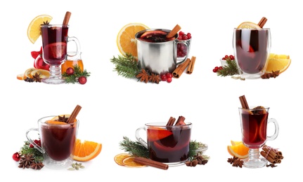 Image of Set of aromatic mulled wine on white background