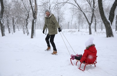 Father sledding his child outside on winter day. Christmas vacation