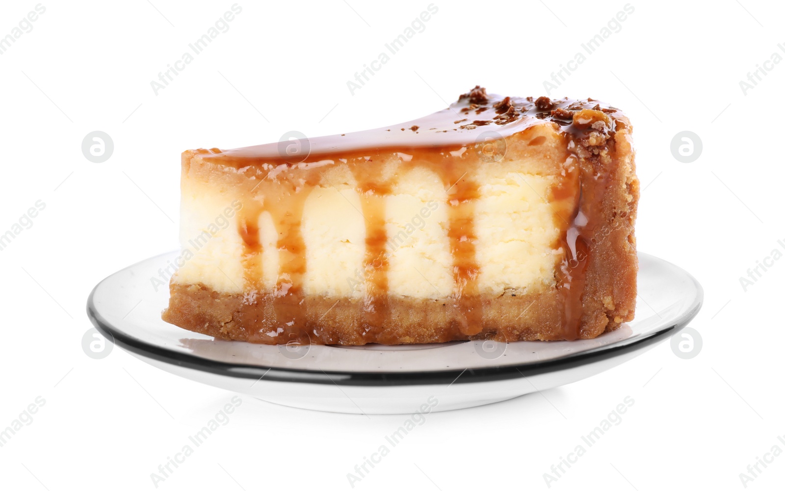 Photo of Piece of delicious cake with caramel isolated on white