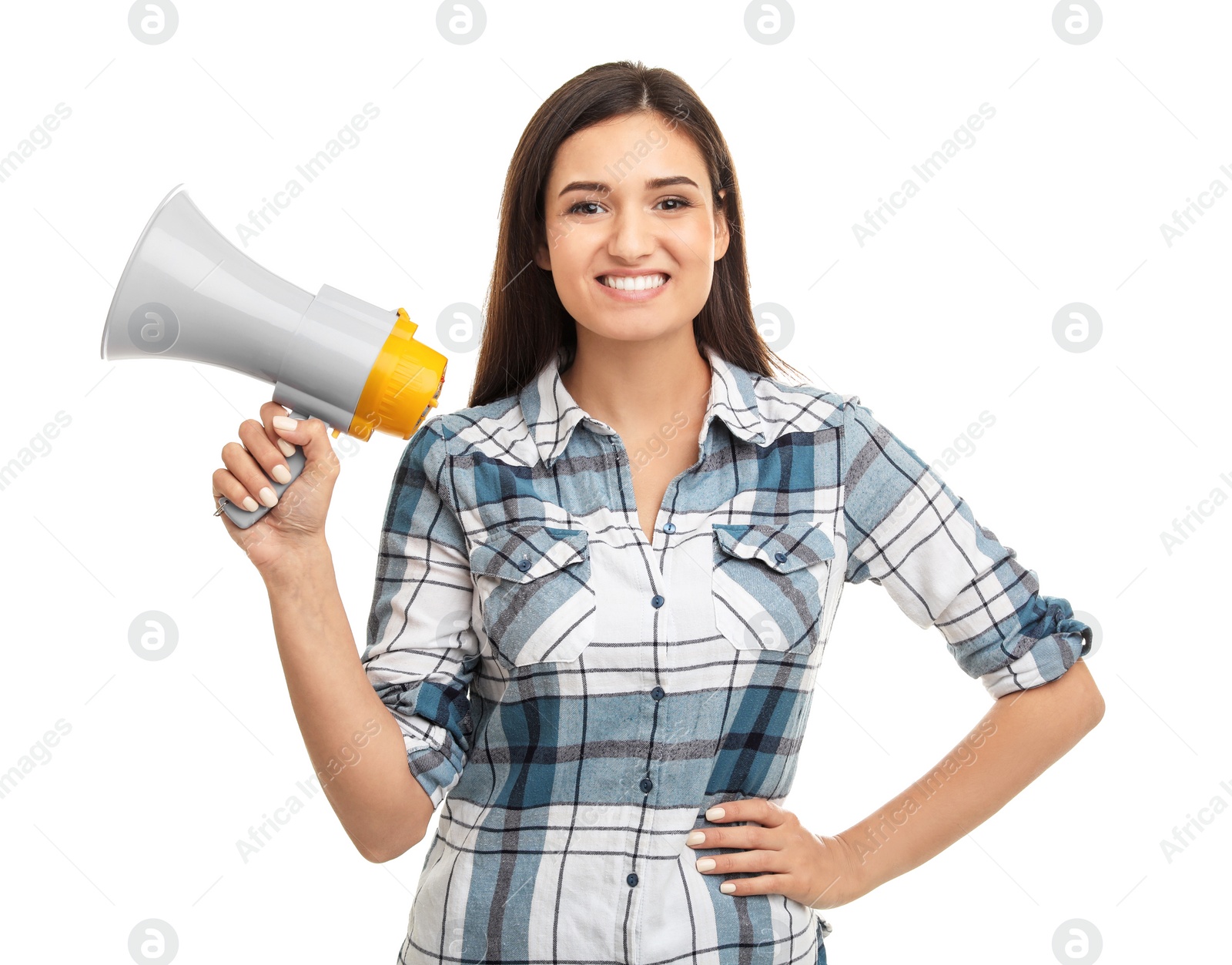 Photo of Young woman with megaphone on white background