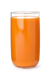 Photo of Glass of tasty fresh carrot juice isolated on white