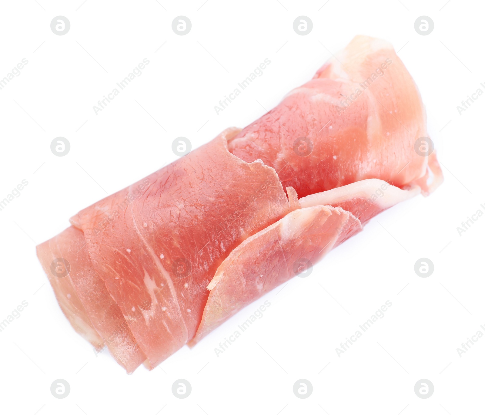 Photo of Tasty prosciutto on white background, top view