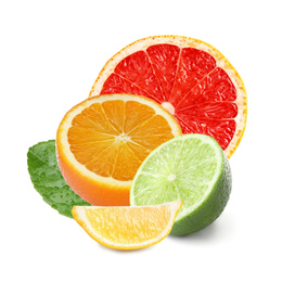 Image of Different citrus fruits with leaves on white background 