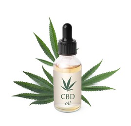 Image of Bottle of cannabidiol tincture and hemp leaves on white background