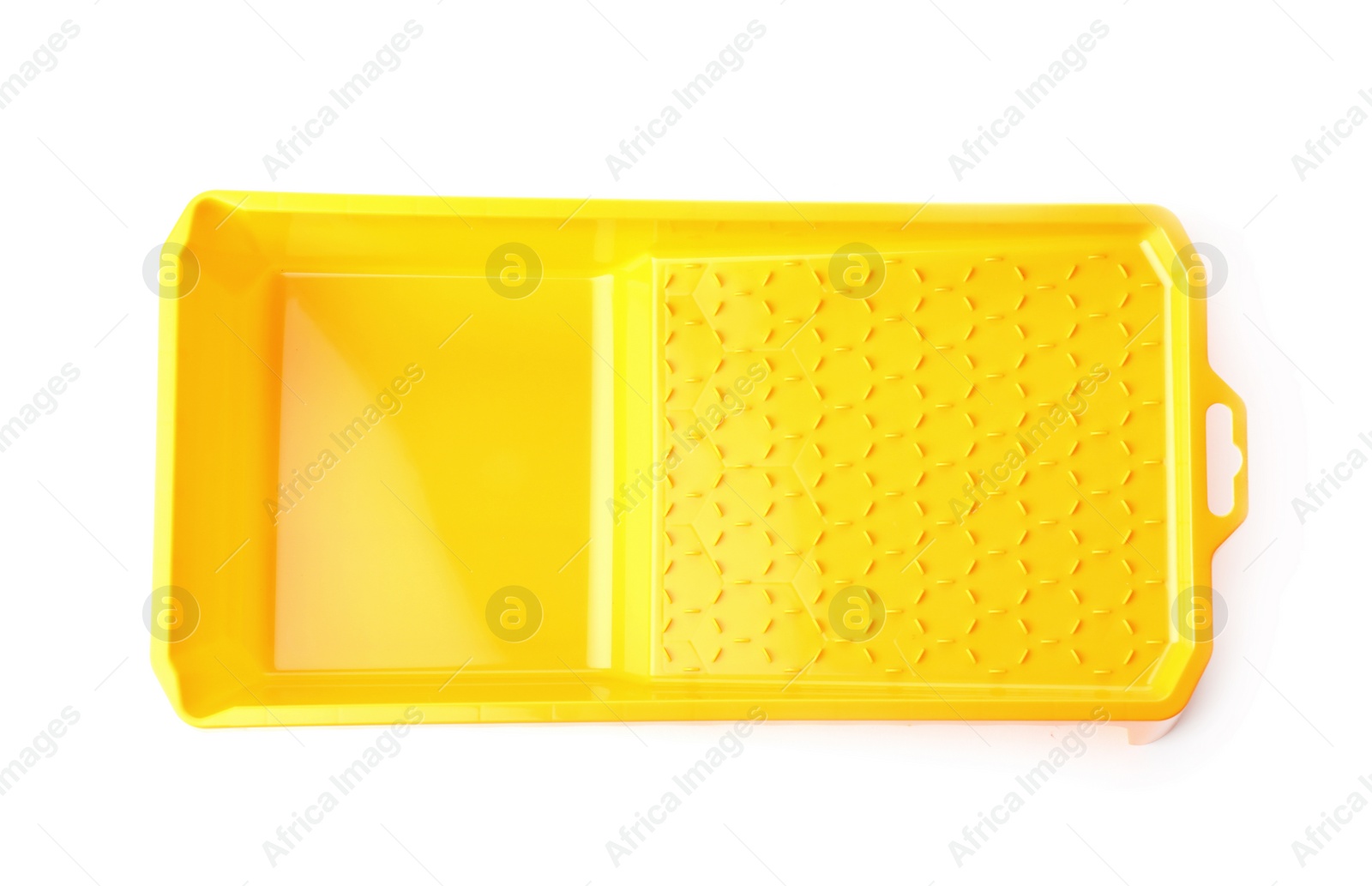 Photo of Empty plastic paint tray on white background, top view