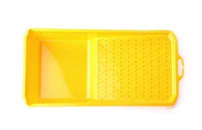 Empty plastic paint tray on white background, top view