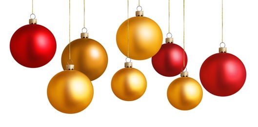 Image of Set of bright Christmas balls on white background. Banner design 