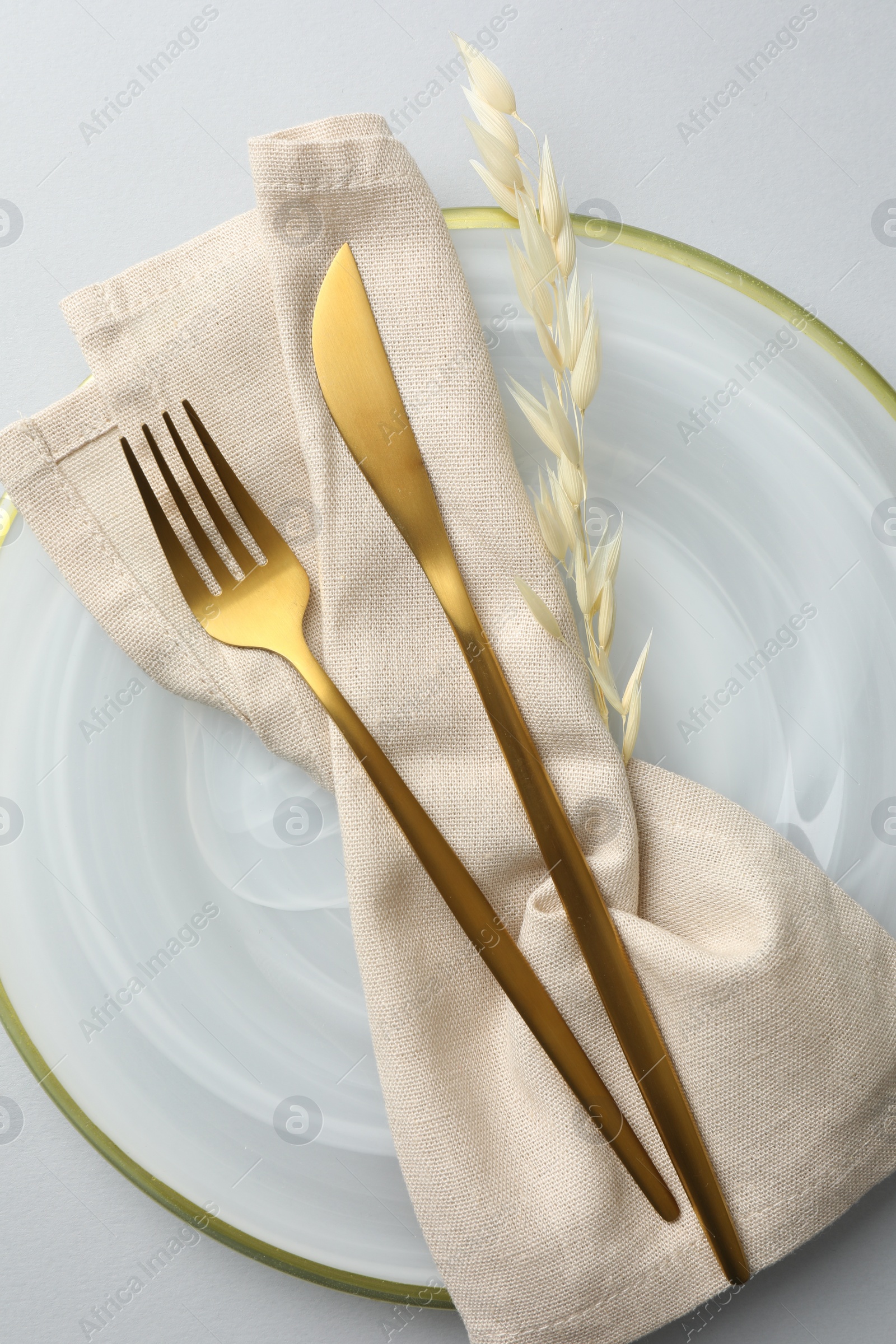 Photo of Stylish setting with cutlery, napkin, dry branch and plate on light grey table, top view