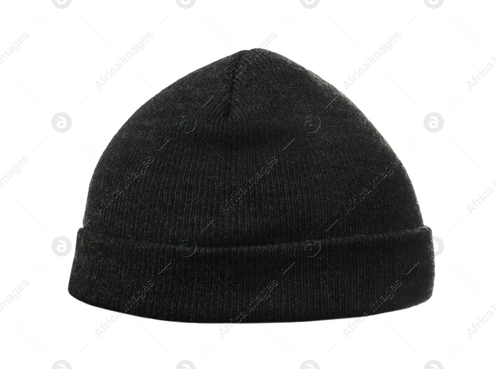 Photo of Woman wearing black knitted hat on white background, closeup. Winter sports clothes
