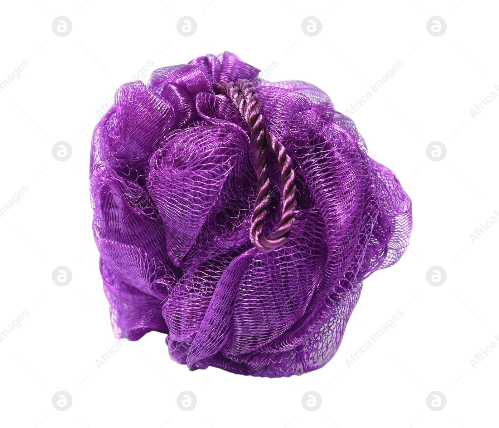 Photo of New purple shower puff isolated on white. Personal hygiene