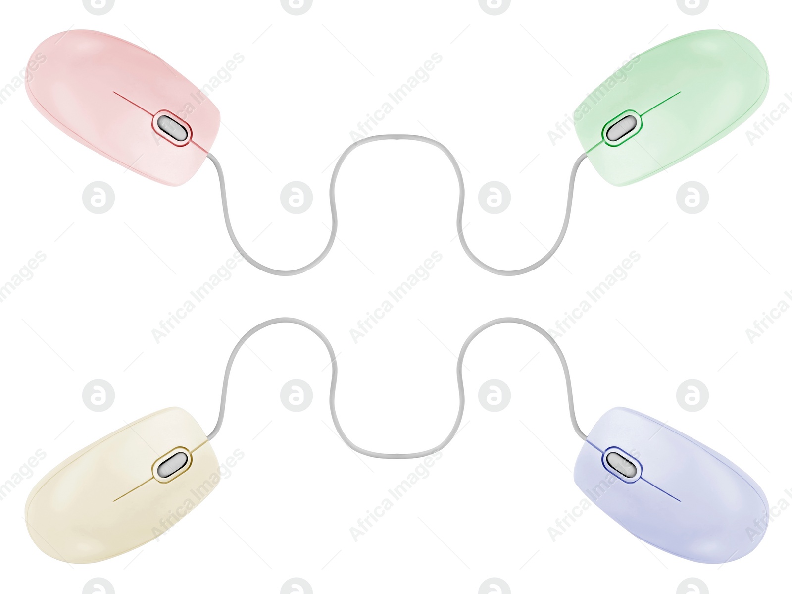 Image of Modern computer mouse on white background, different color variants