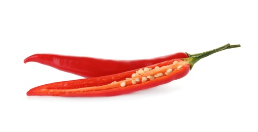 Photo of Cut ripe chili pepper on white background