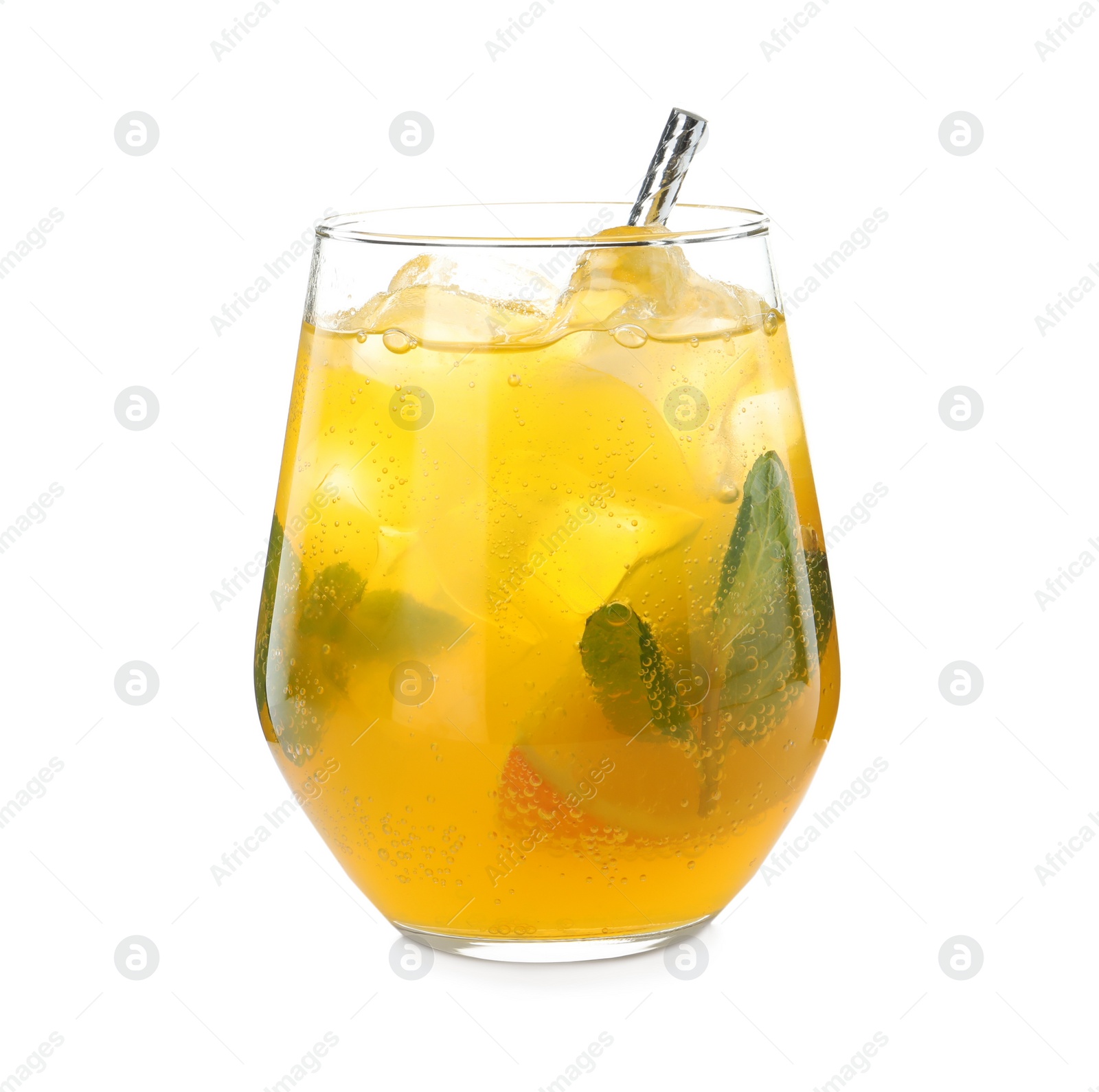 Photo of Delicious orange soda water on white background