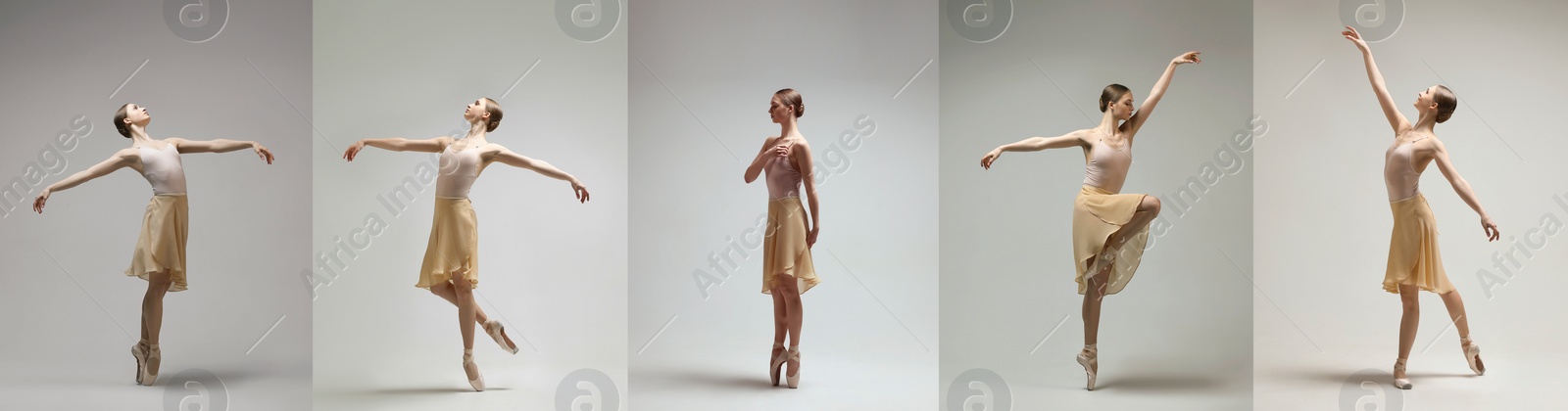 Image of Ballerina practicing dance moves on grey background, set of photos