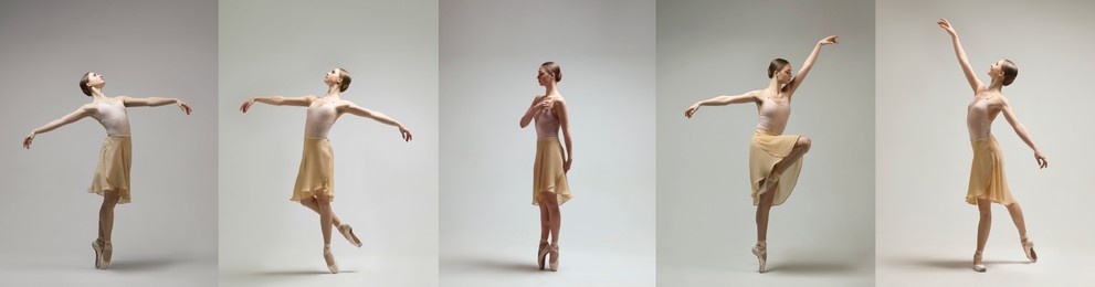 Ballerina practicing dance moves on grey background, set of photos