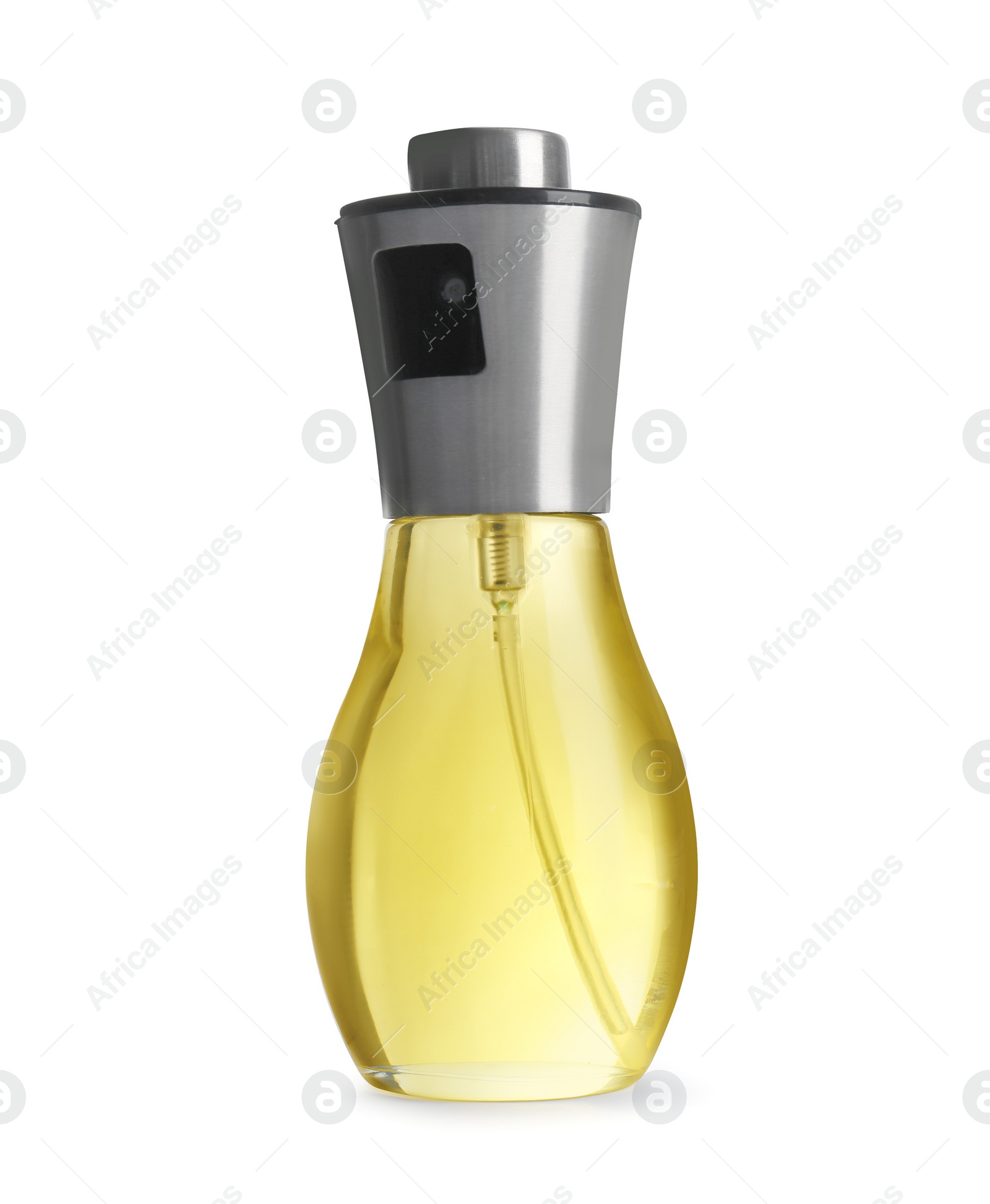 Photo of Spray bottle with cooking oil on white background