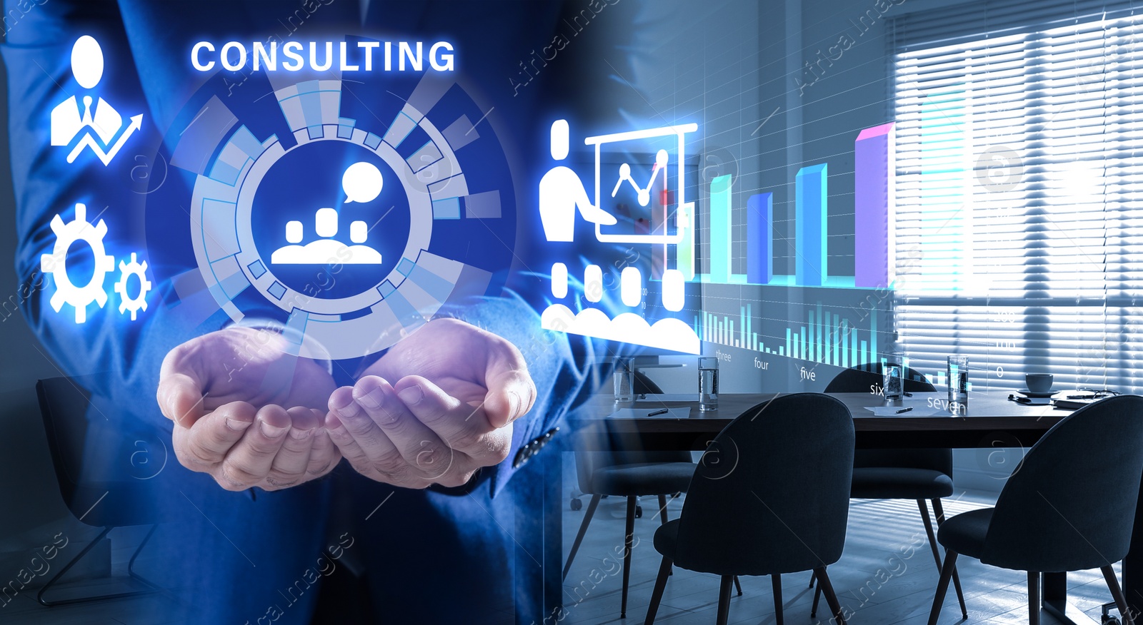Image of Consulting concept. Businessman holding virtual icon in office, closeup