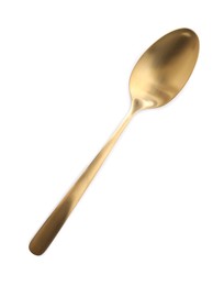 Photo of One shiny golden spoon isolated on white, top view