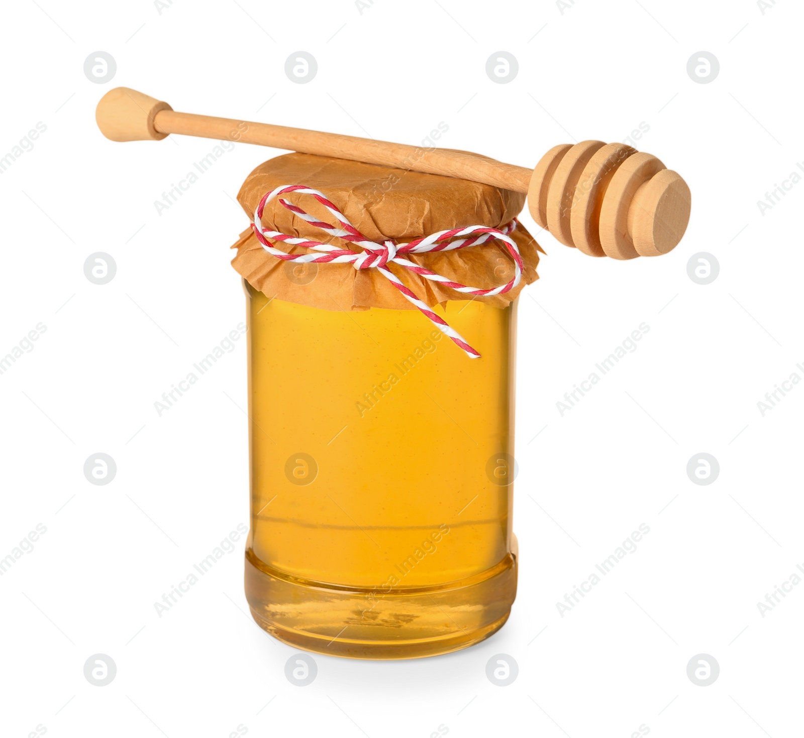 Photo of Tasty honey in glass jar and dipper isolated on white