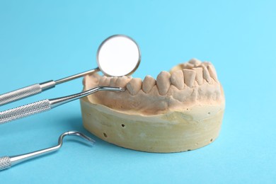 Dental model with gums and dentist tools on light blue background. Cast of teeth