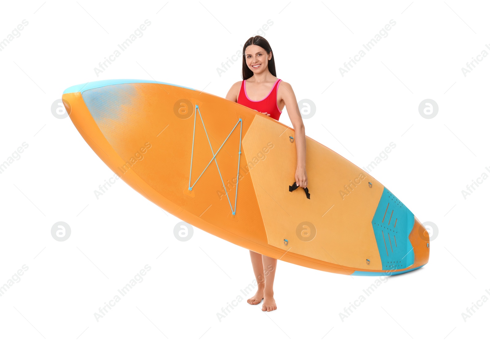 Photo of Happy woman with orange SUP board on white background