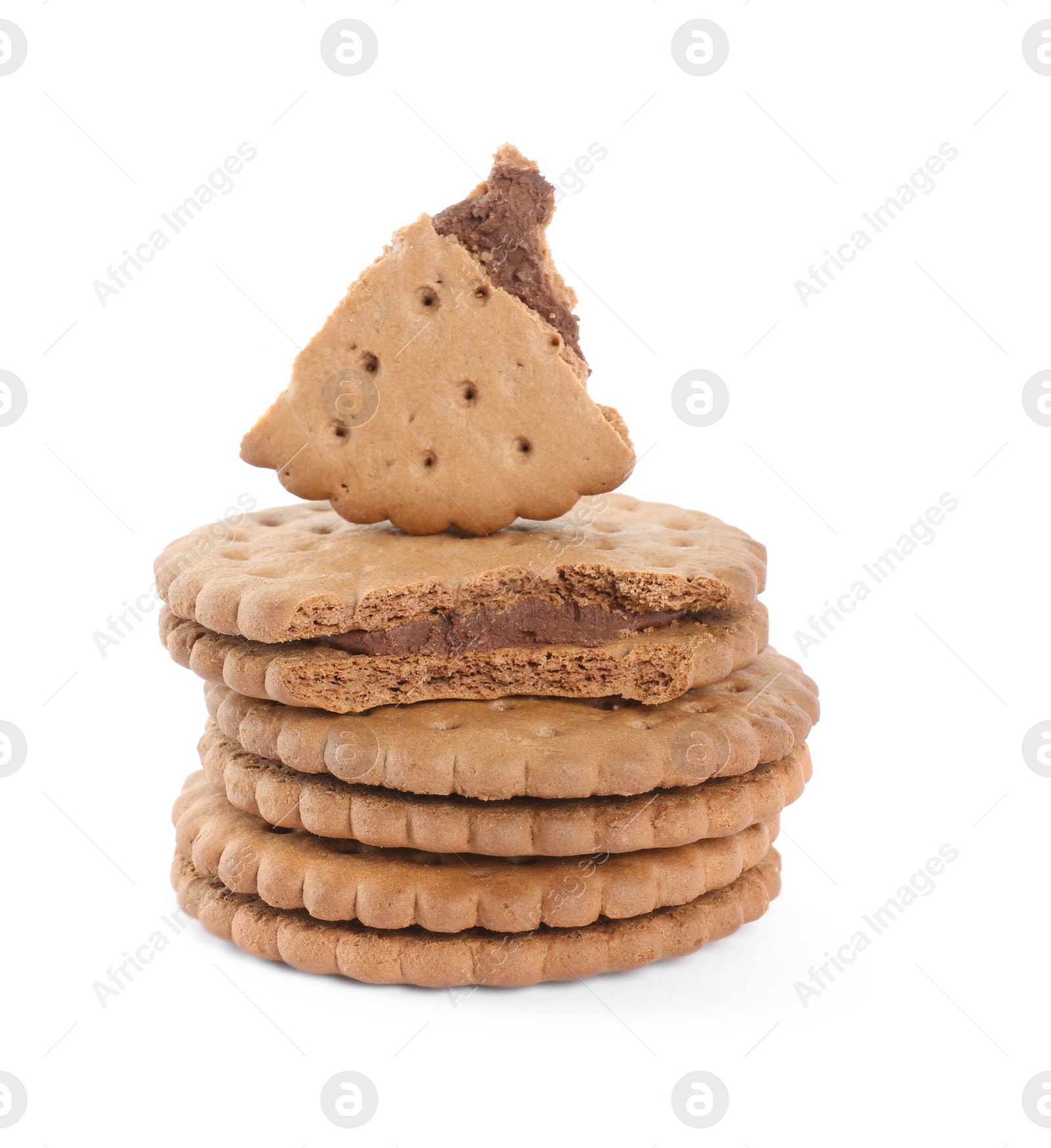 Photo of Tasty chocolate sandwich cookies with cream on white background