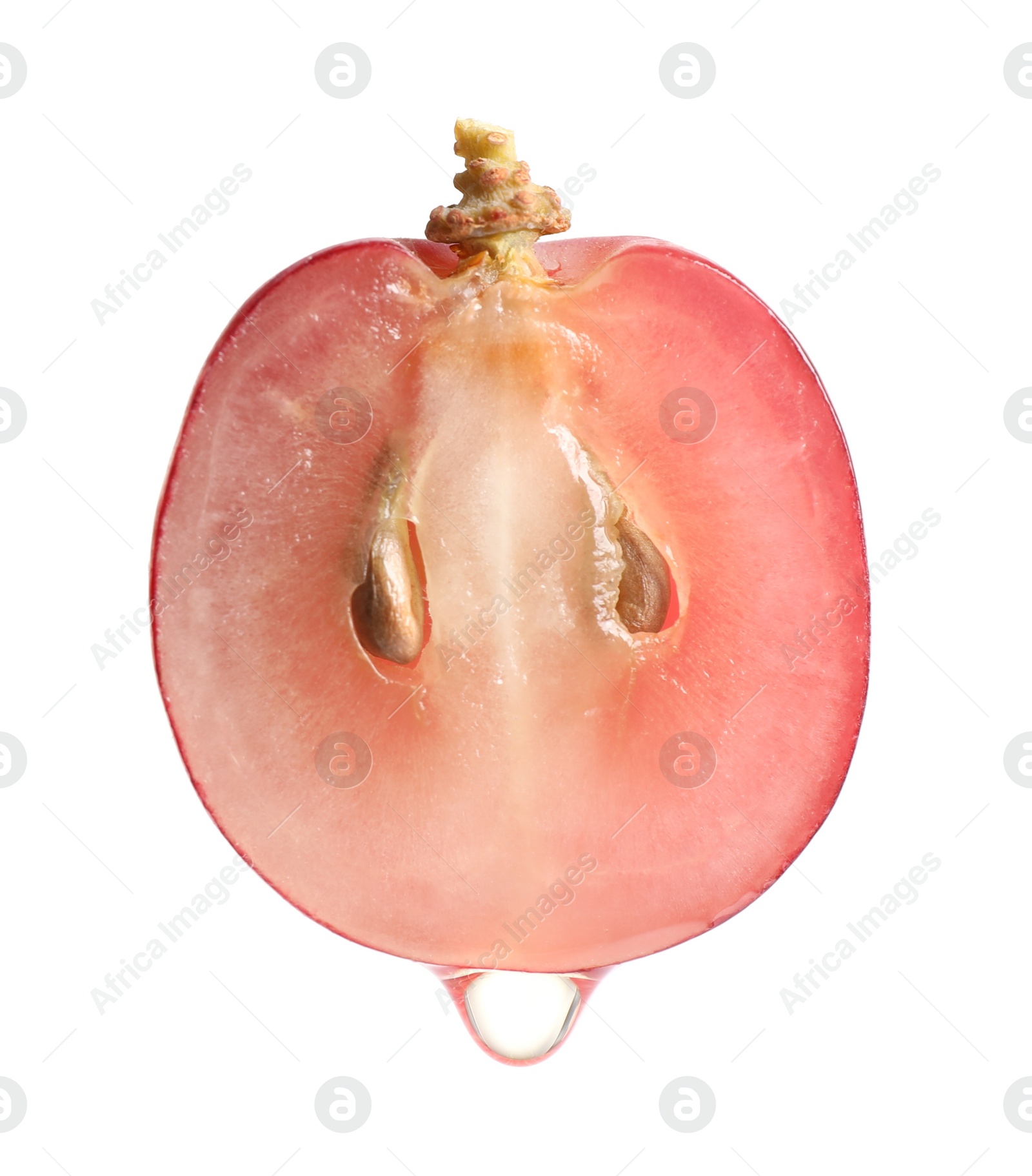 Photo of Natural grape seed essential oil dripping from berry on white background. Organic cosmetics