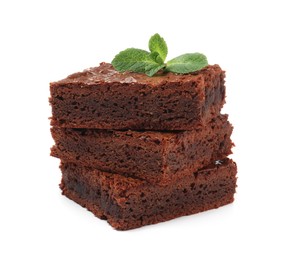 Delicious chocolate brownies with fresh mint leaves on white background