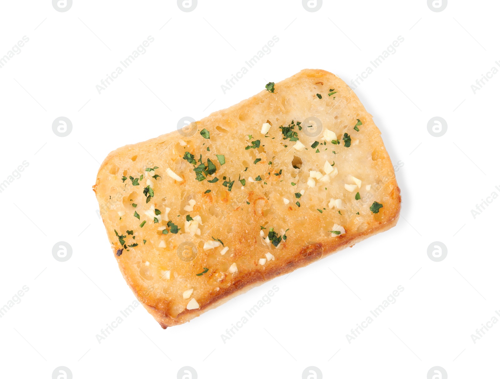 Photo of Slice of garlic bread with herbs isolated on white, top view