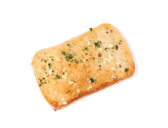 Photo of Slice of garlic bread with herbs isolated on white, top view