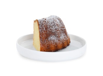 Piece of homemade yogurt cake with powdered sugar on white background