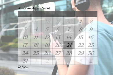 Image of Double exposure of calendar and video operator with camera working outdoors. Personal schedule