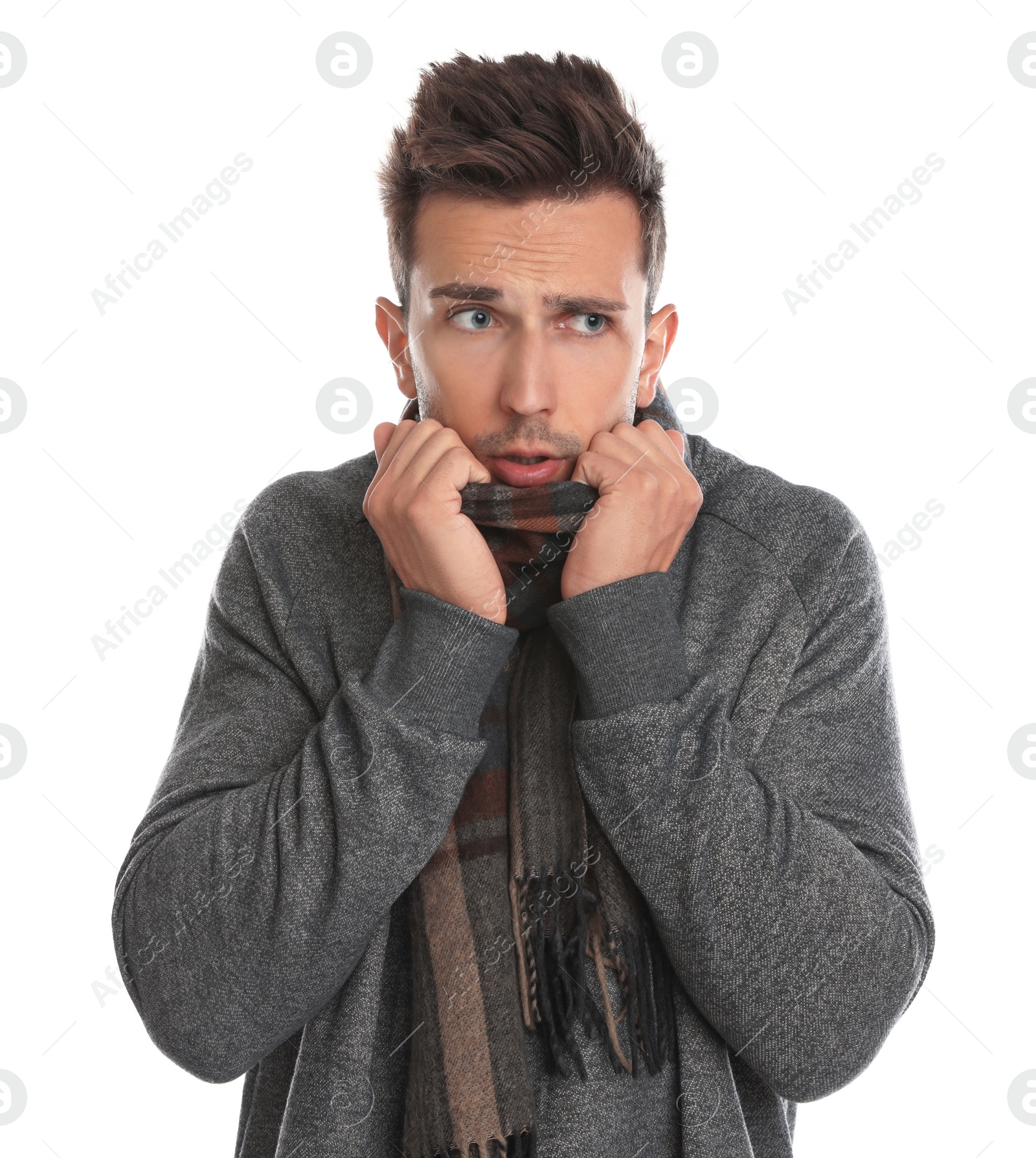 Photo of Young man suffering from cold on white background