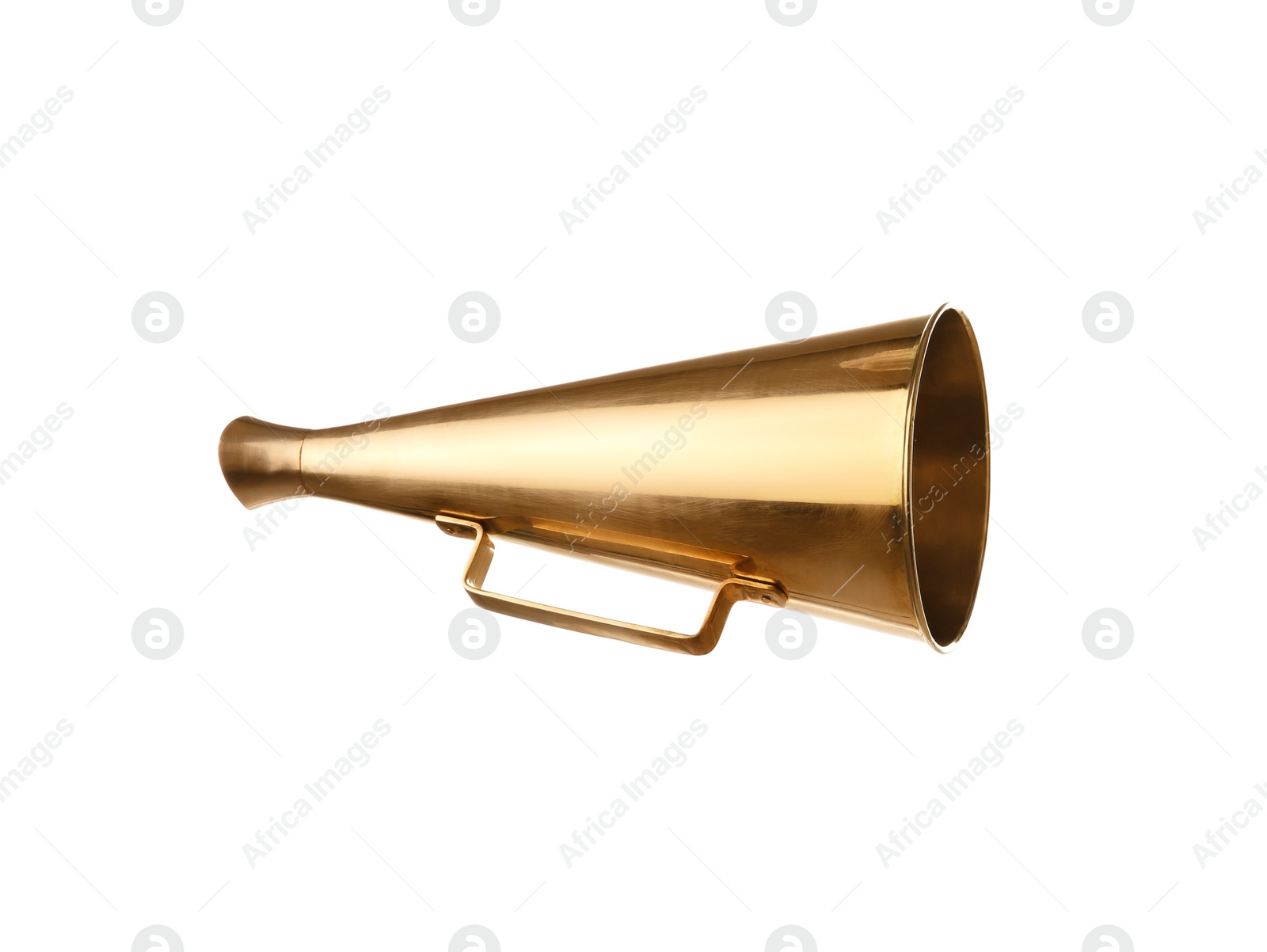 Photo of Retro golden metal megaphone on white background