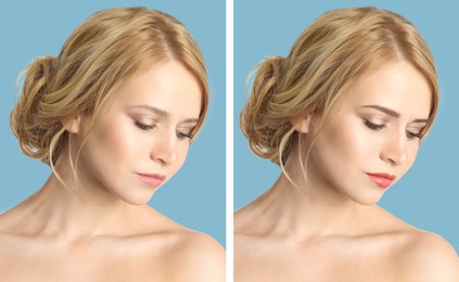 Image of Beautiful young woman before and after permanent makeup on light blue background, collage