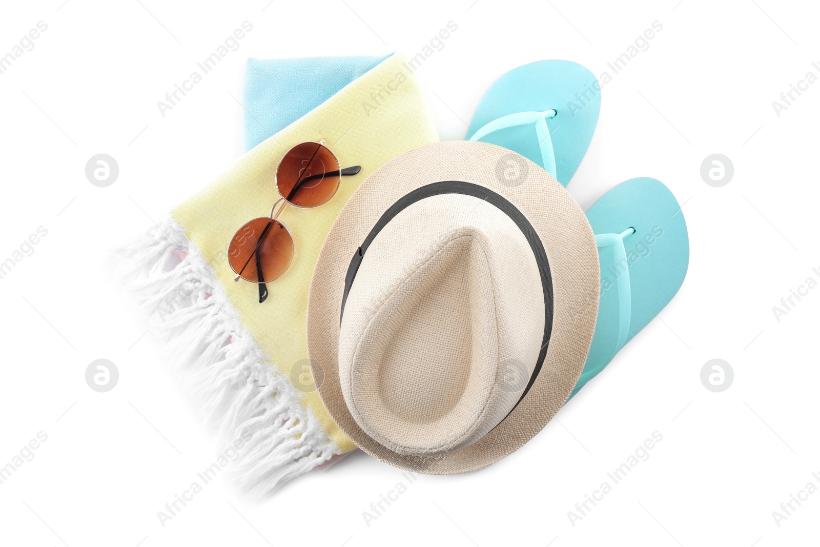 Photo of Composition with beach objects on white background, top view