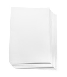 Stack of paper sheets on white background, top view