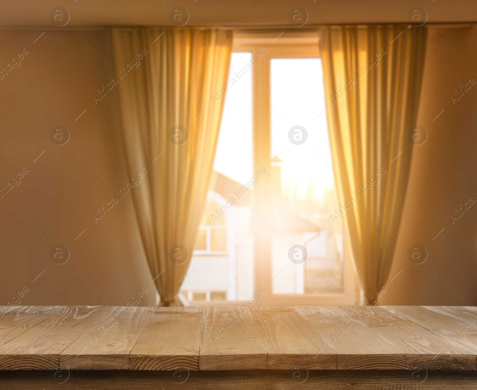 Image of Empty wooden surface in room. Mockup for design