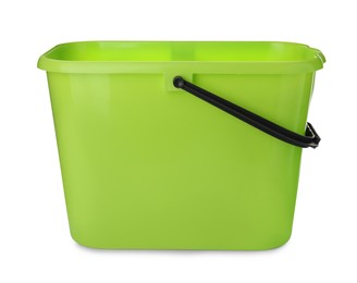 Photo of Empty green bucket for cleaning isolated on white