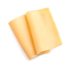 Slices of tasty cheese on white background, top view