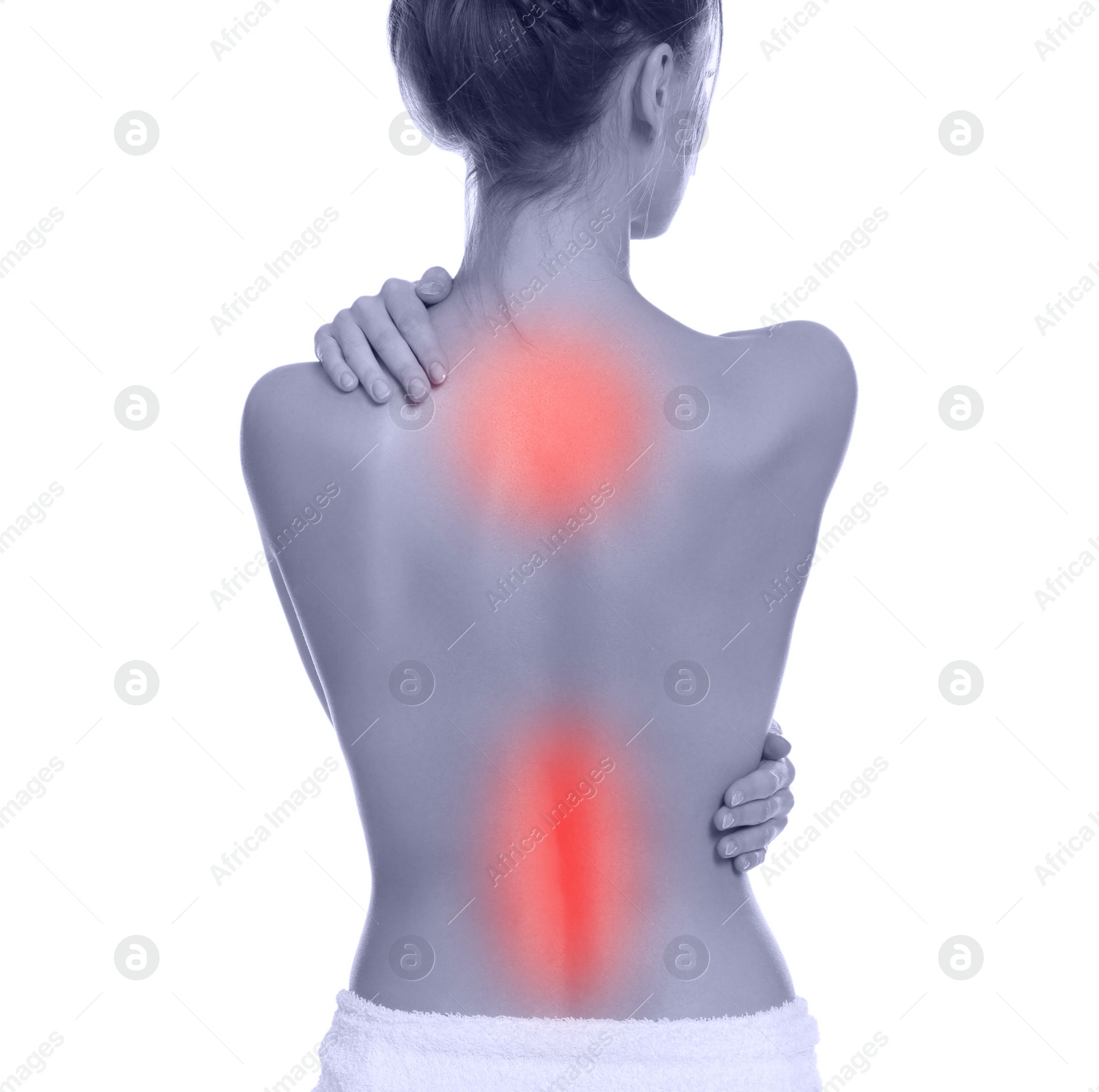 Image of Woman suffering from back pain on white background