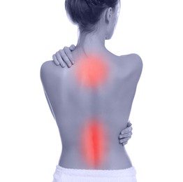 Image of Woman suffering from back pain on white background