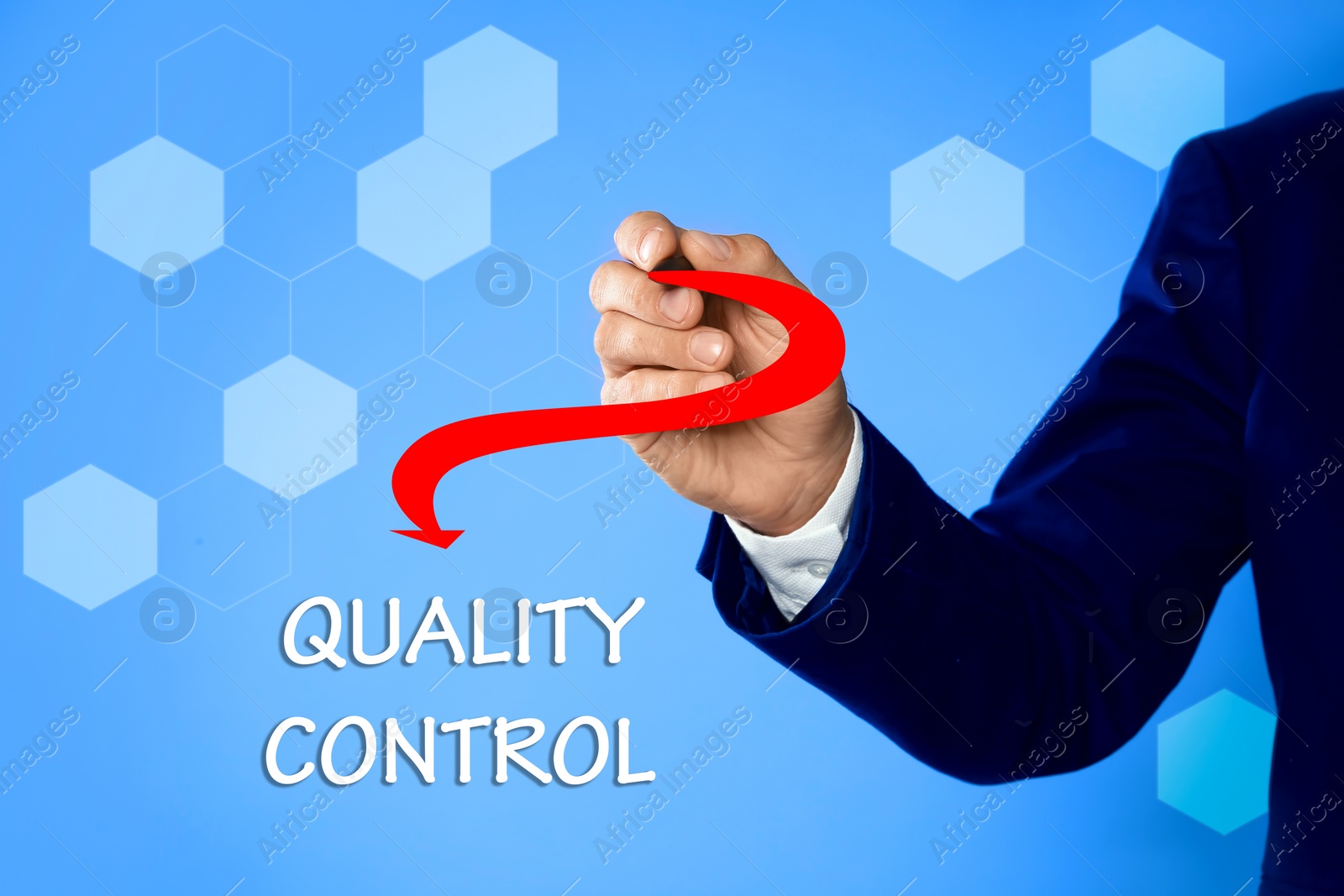 Image of Quality control service. Businessman using virtual screen, closeup