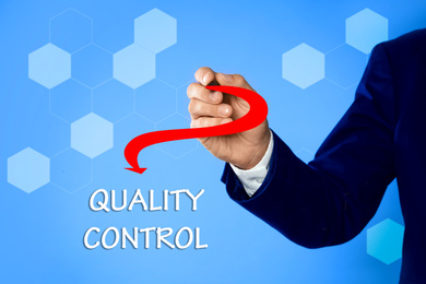 Image of Quality control service. Businessman using virtual screen, closeup