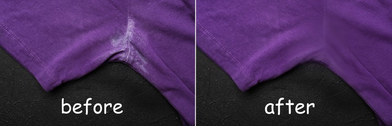 Image of Closeup view of purple t-shirt with old deodorant stain before and after washing on black table